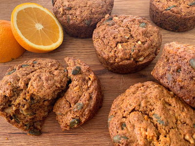 Carrot Orange Muffins with Walnuts and Pumpkin Seeds
