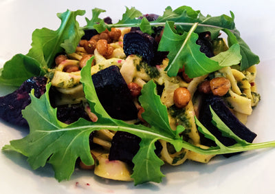 Kale Pesto Linguine with Beetroot and Crispy Chickpeas